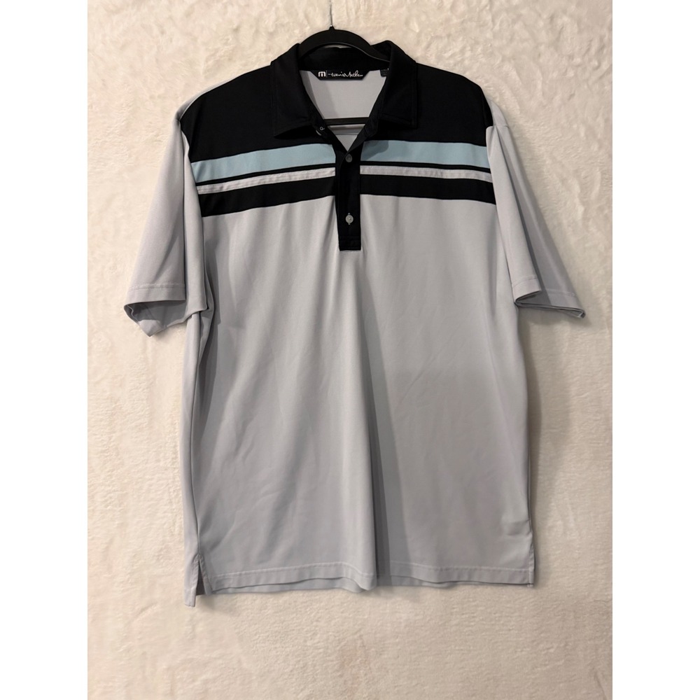 TravisMathew Mens XL Polo Shirt‎ Grey Black Blue Striped Performance Golf Tee
